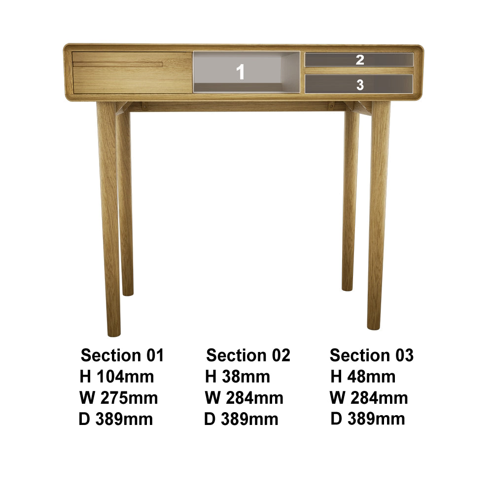Oak console table with three storage sections and size dimensions display