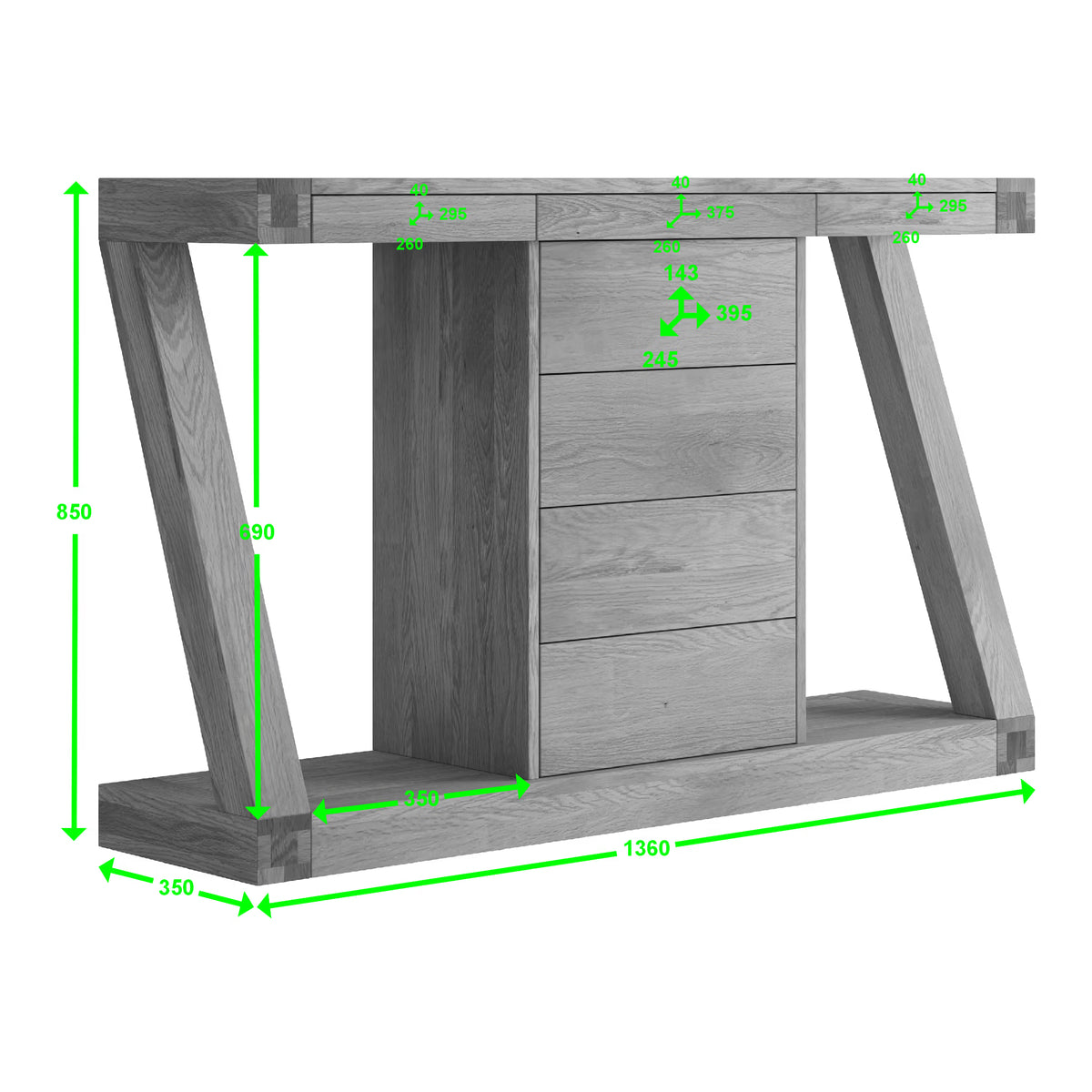 Oak console table with drawer and shelf, angled legs and measurement dimensions shown