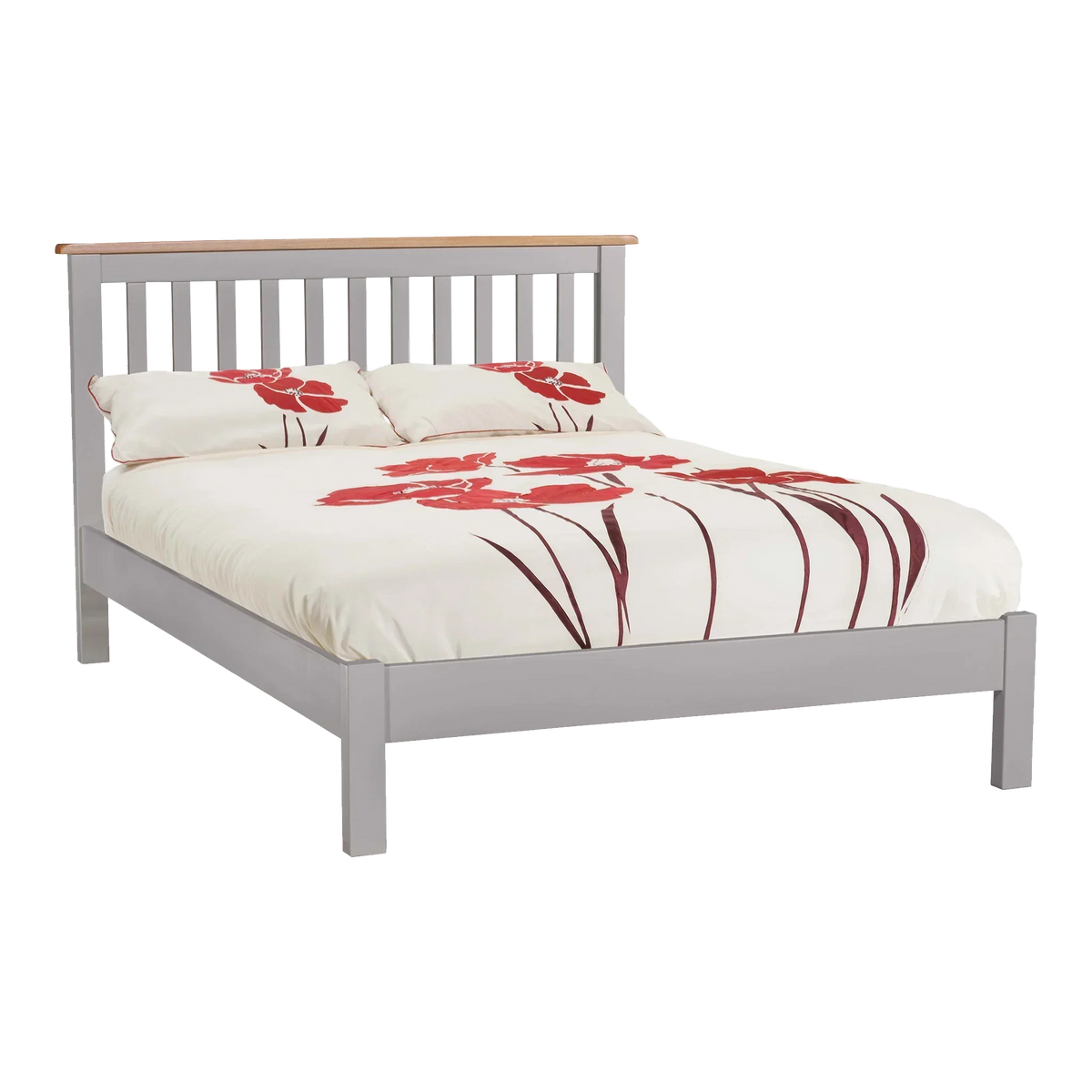 Grey wooden bed frame with slatted headboard and floral duvet cover