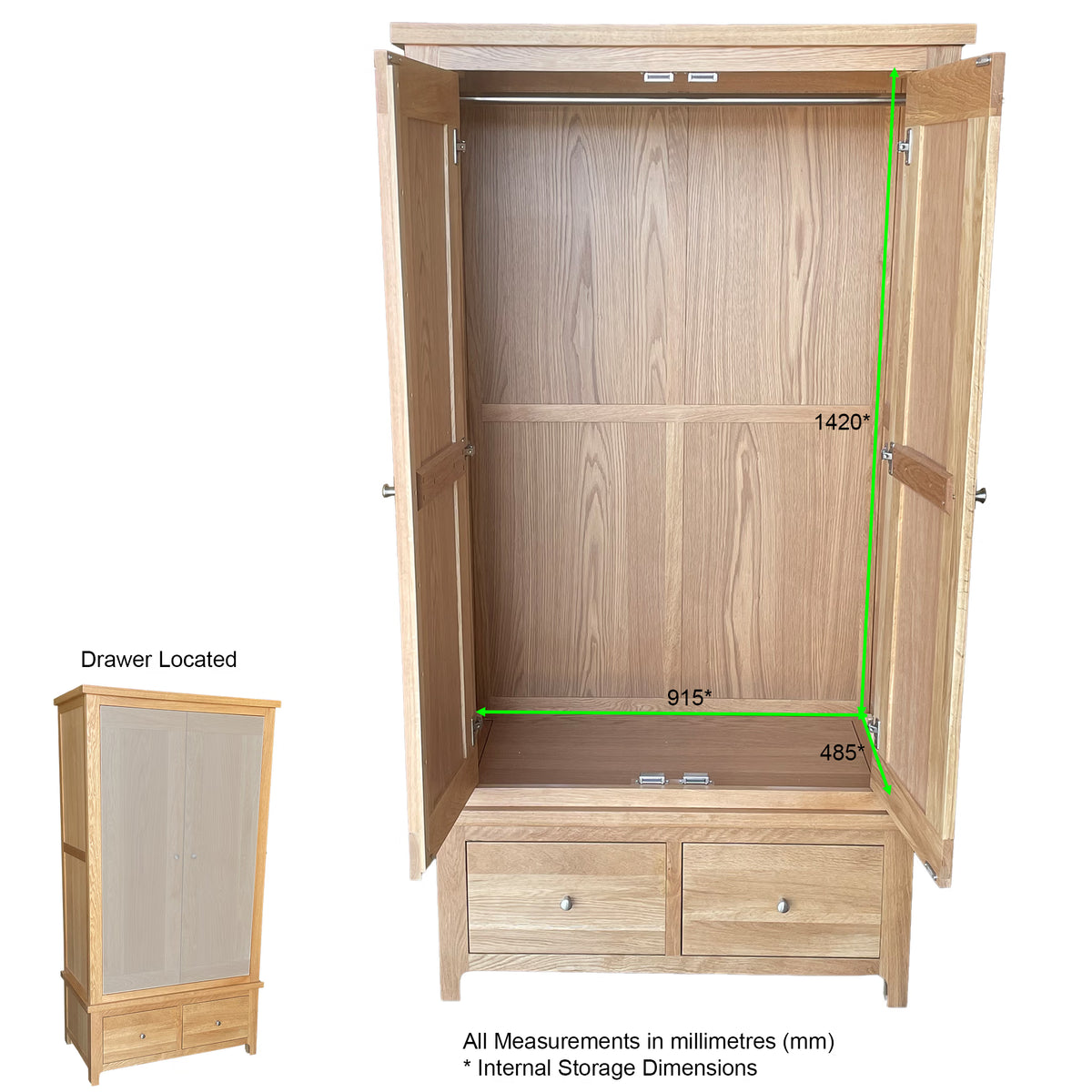 Oak wardrobe with open double doors, two drawers and visible internal storage dimensions