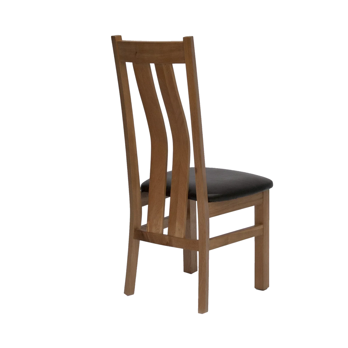 Oak dining chair with slatted back and black cushioned seat, rear side view