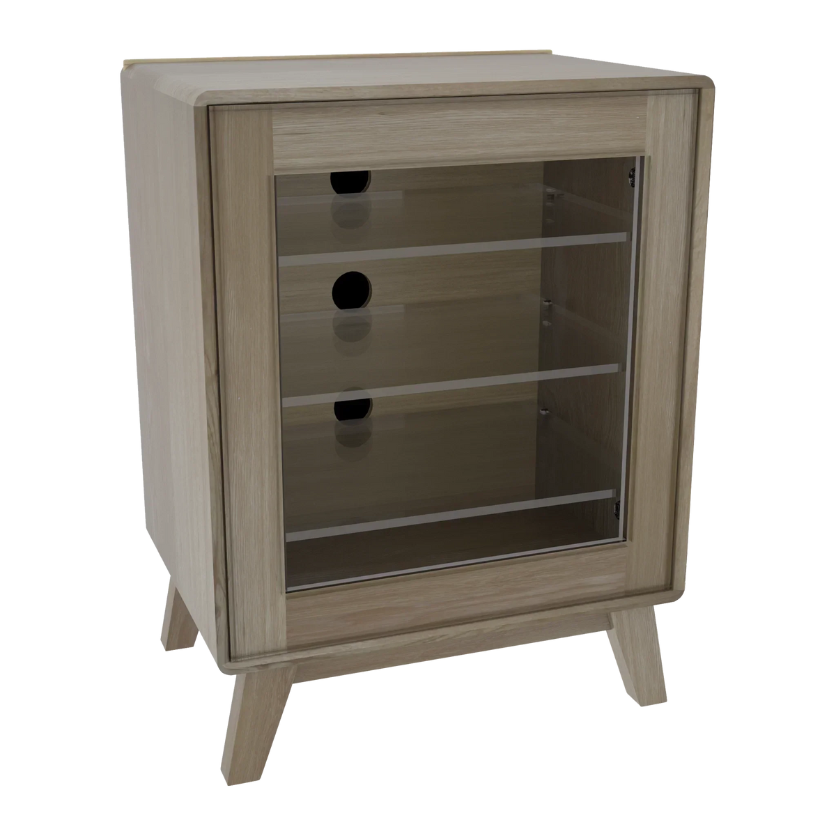 Light wood TV cabinet with glass door and open shelving, cable holes at back, angled legs