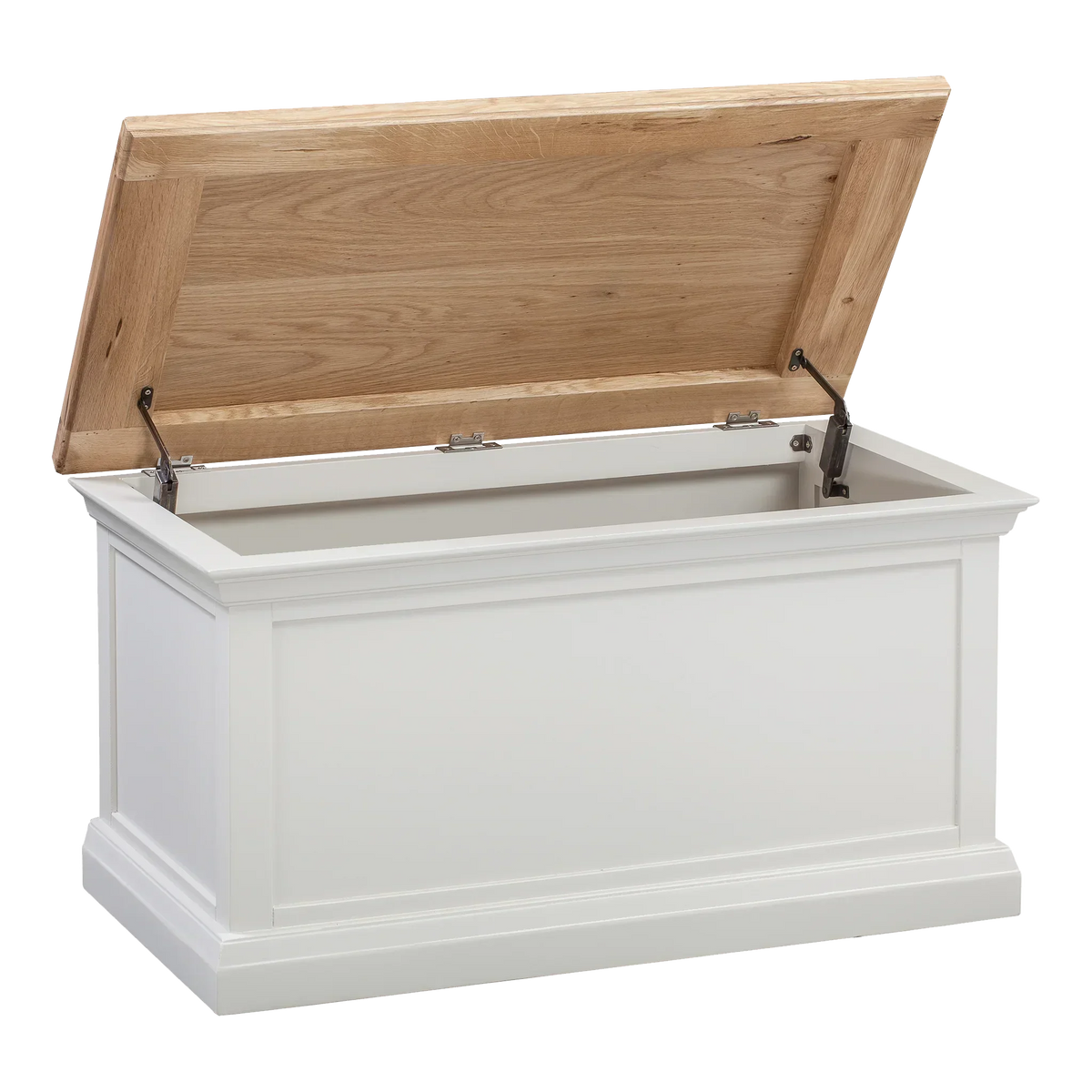 White wooden storage chest with open oak lid and panelled sides