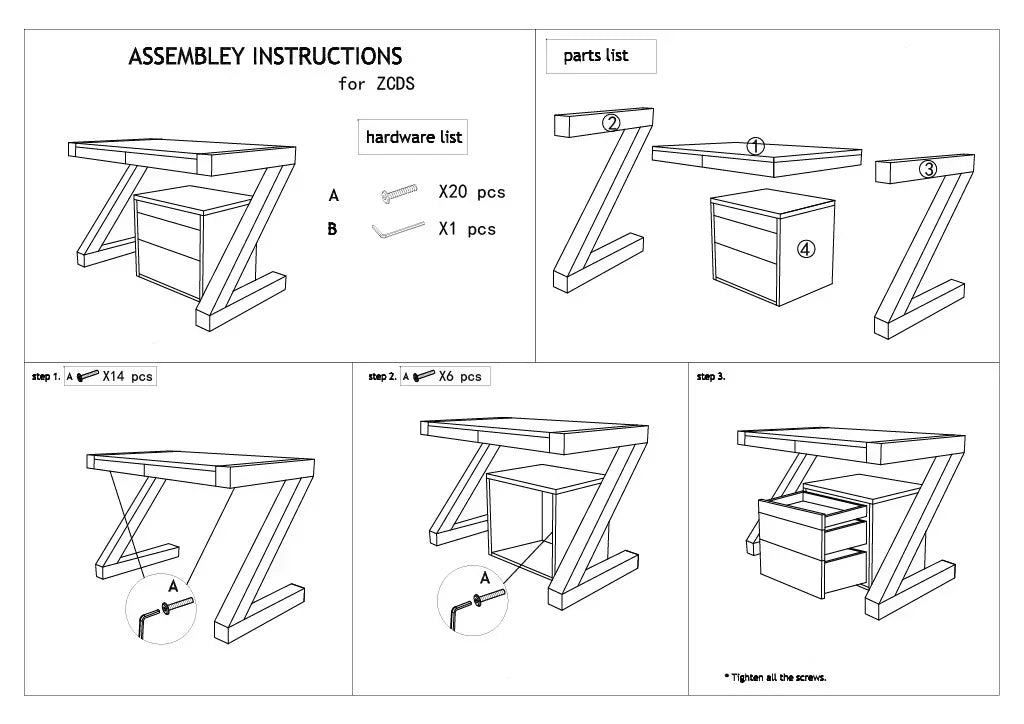 Desk assembly instructions with Z-shaped legs, screws, and step-by-step guide