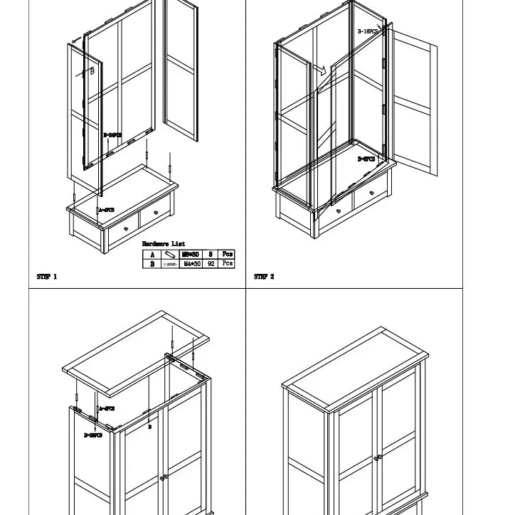 Wardrobe assembly instructions with step by step diagrams and hardware list