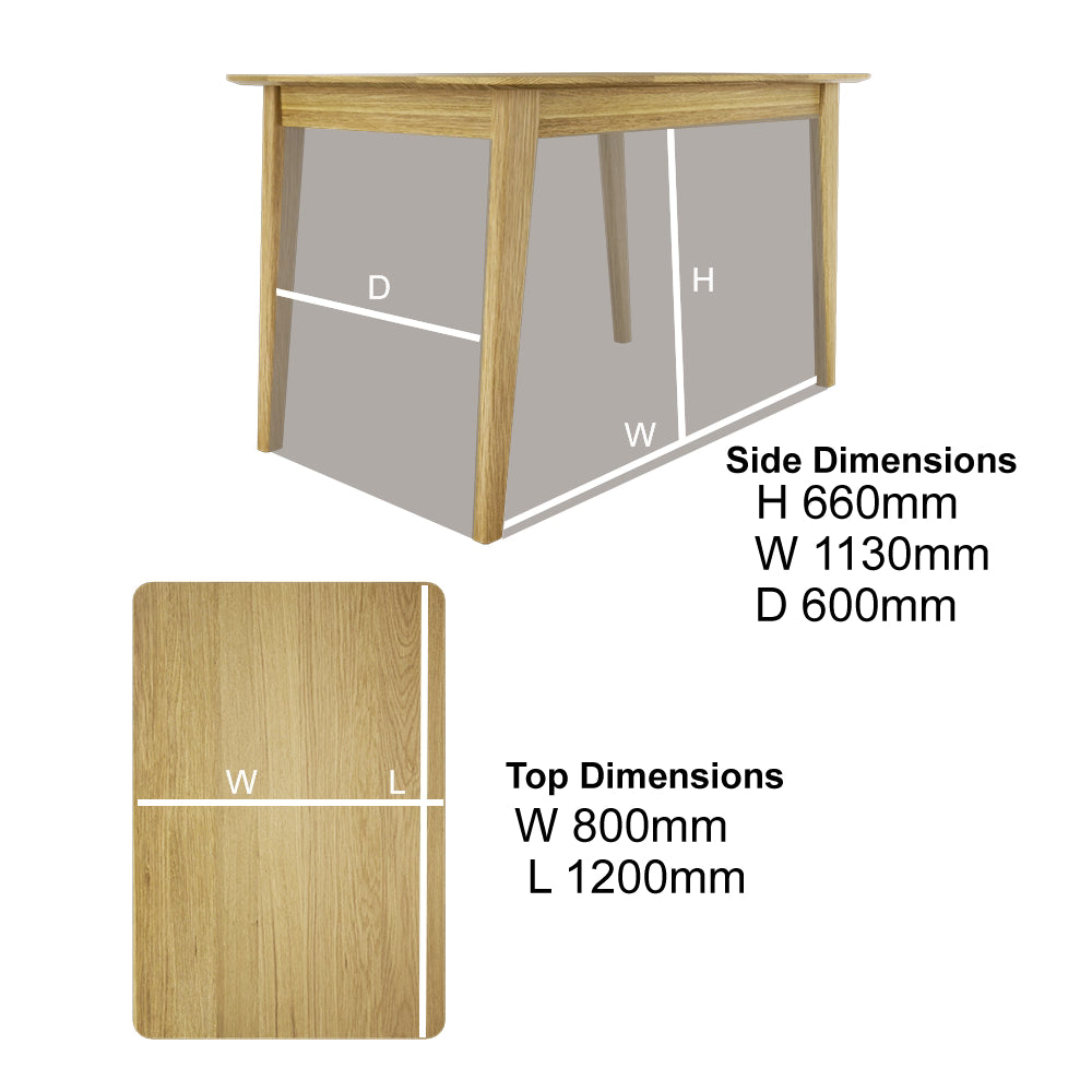Oak rectangular dining table with top and side dimensions shown in millimeters