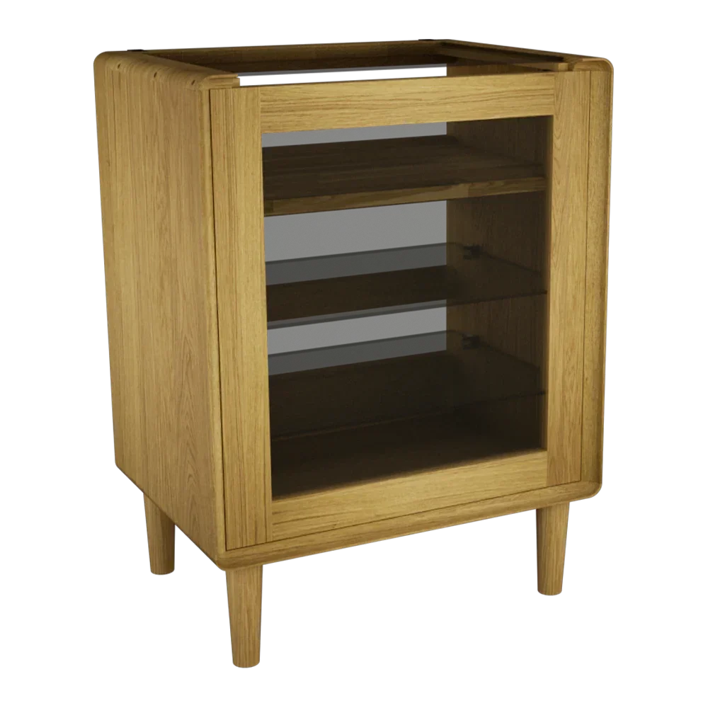 Oak wooden cabinet with glass front and two shelves, viewed from an angle