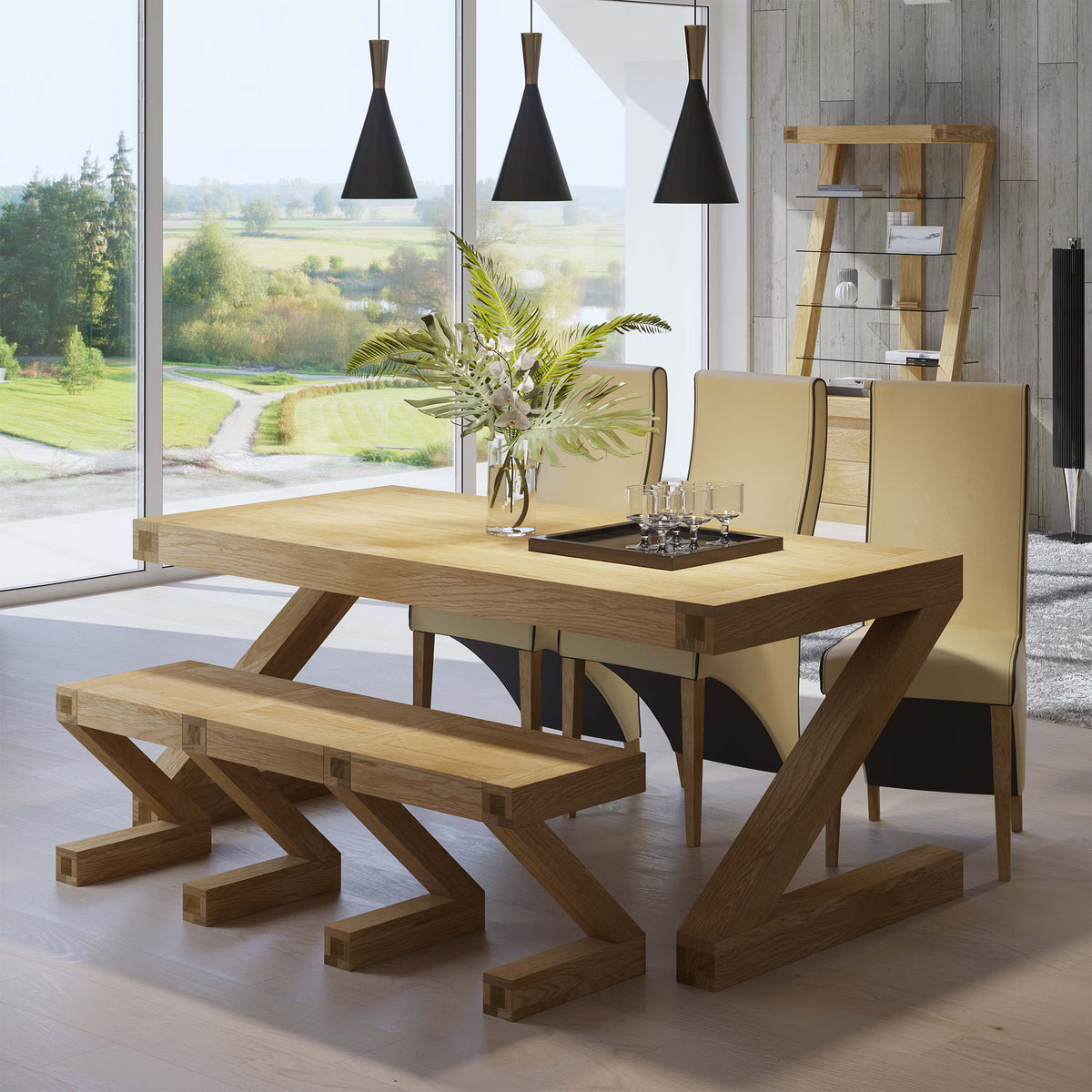Modern oak dining table with matching bench and cream chairs in bright dining room
