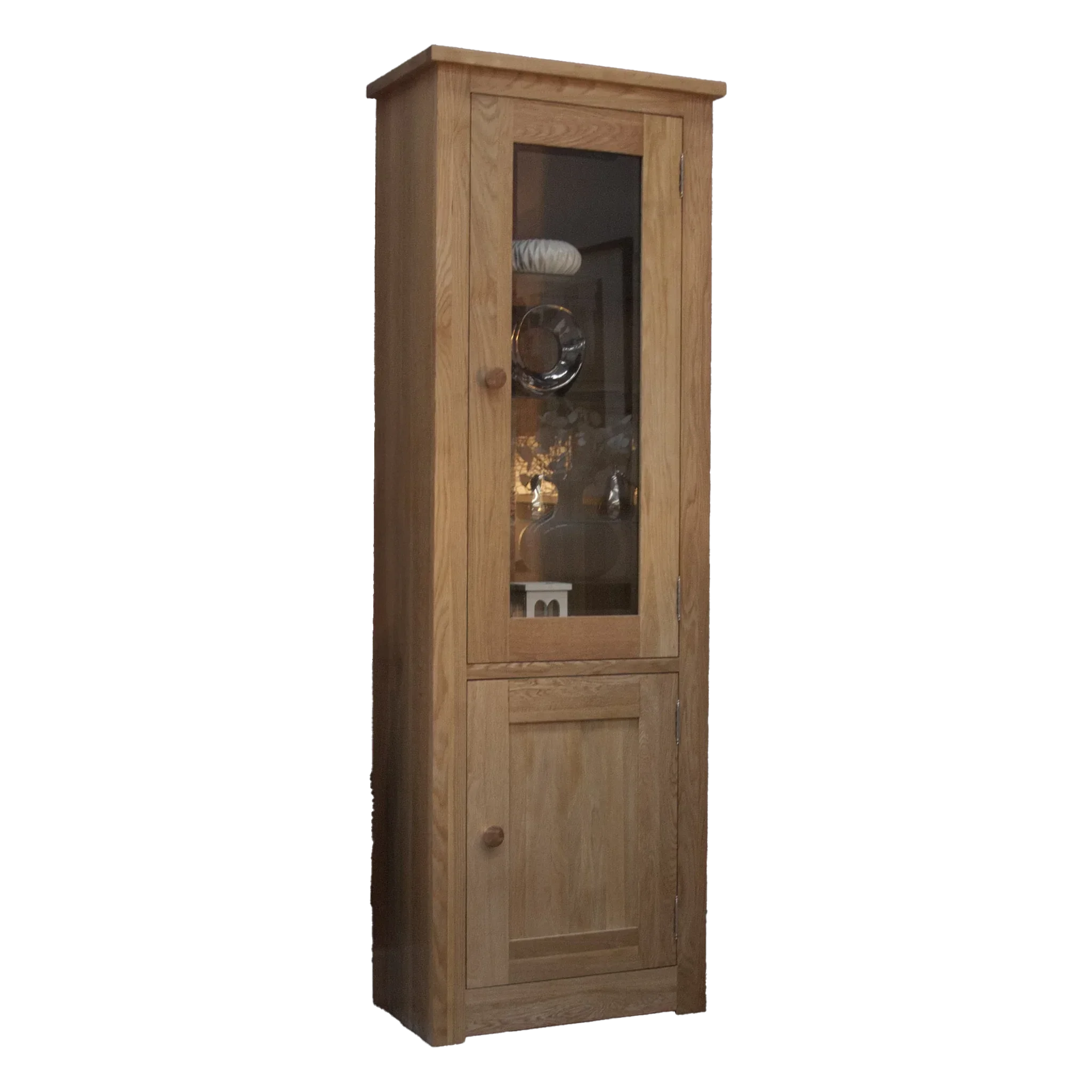 Tall oak display cabinet with glass door and wooden lower cupboard, shown at an angle