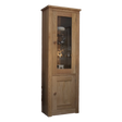 Tall oak display cabinet with glass door and wooden lower cupboard, shown at an angle