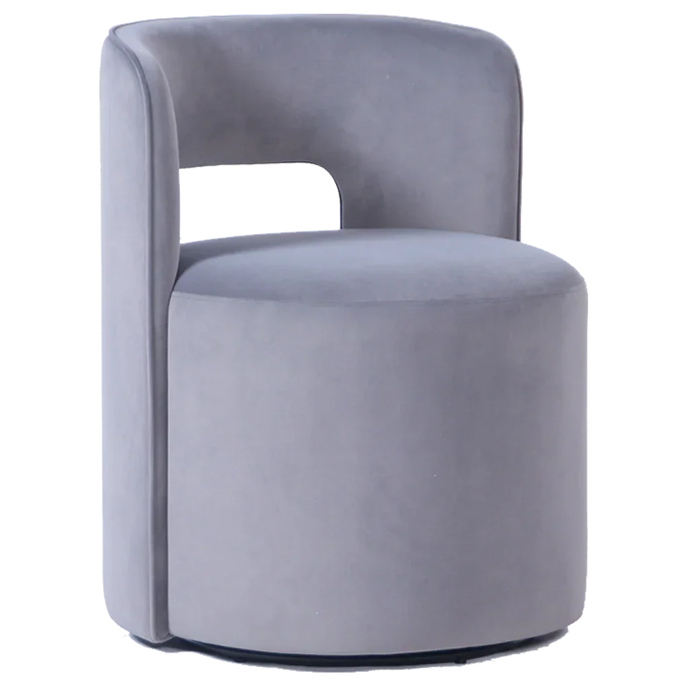 Grey velvet swivel chair with curved back and open design