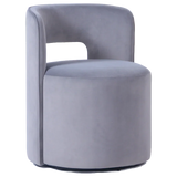 Grey velvet swivel chair with curved back and open design