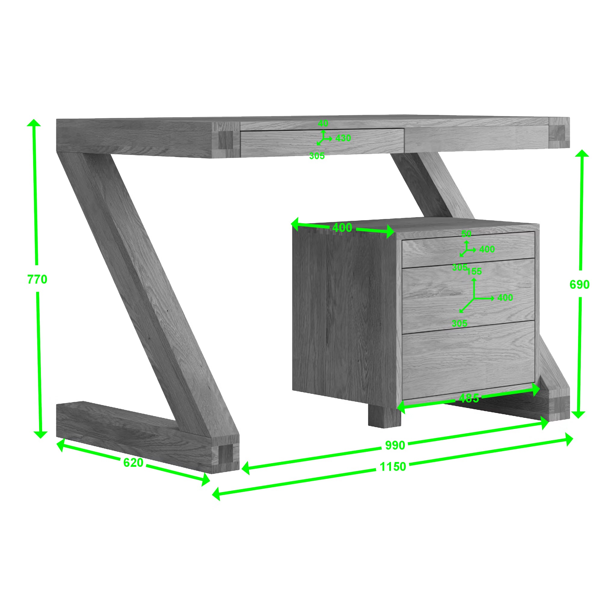 Modern wooden office desk with side drawers and green dimension lines