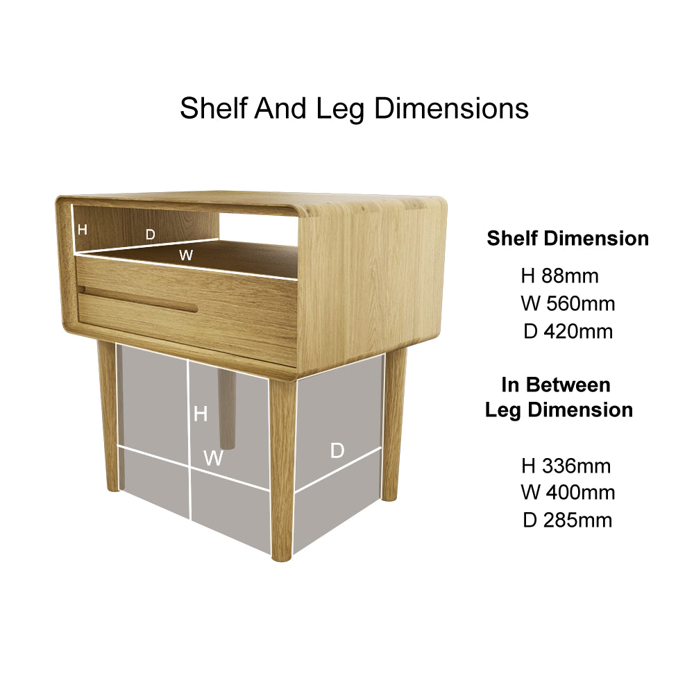 Oak bedside table with open shelf, single drawer, and labelled shelf and leg dimensions