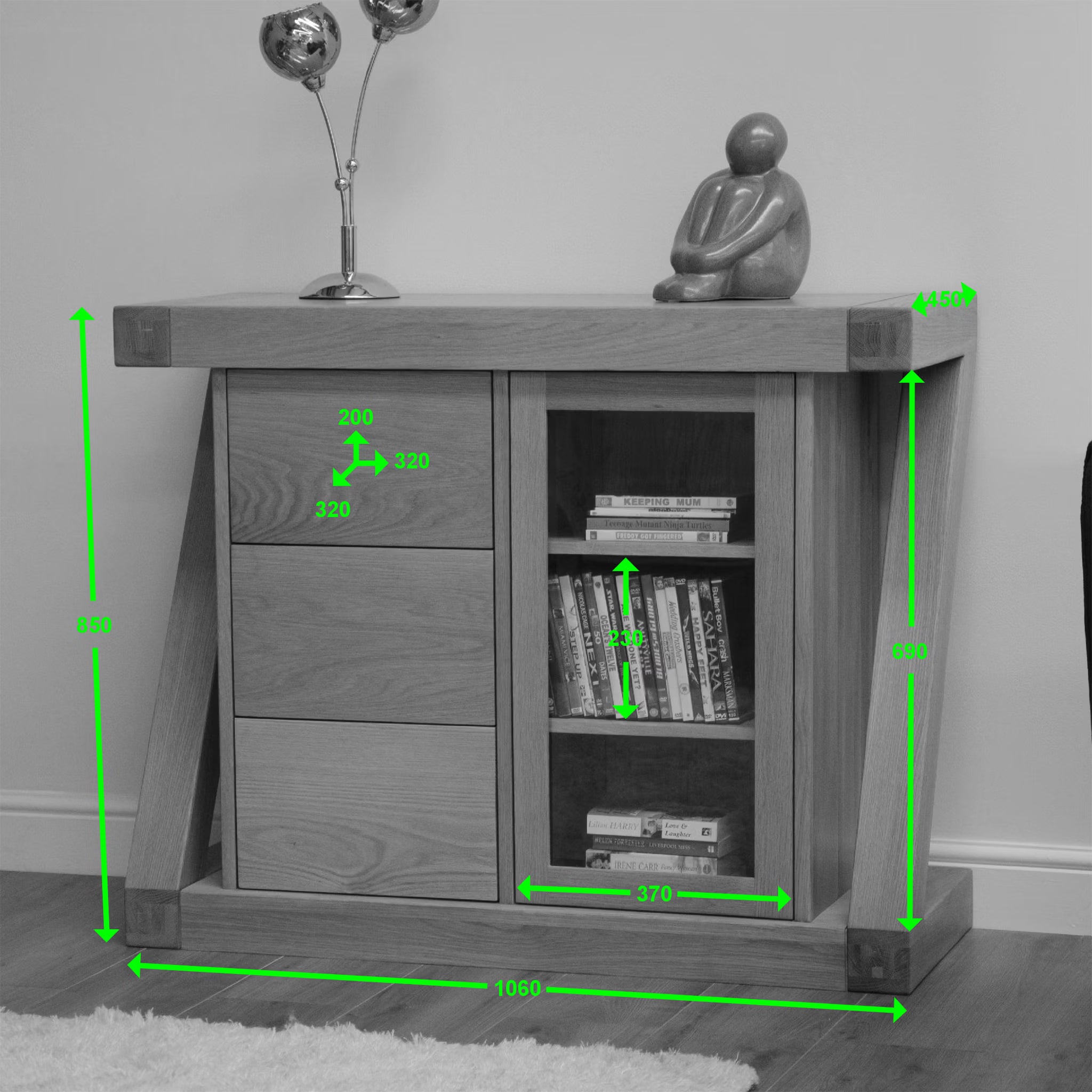 Oak sideboard with drawers and glass door, shelving for storage, green dimension markers