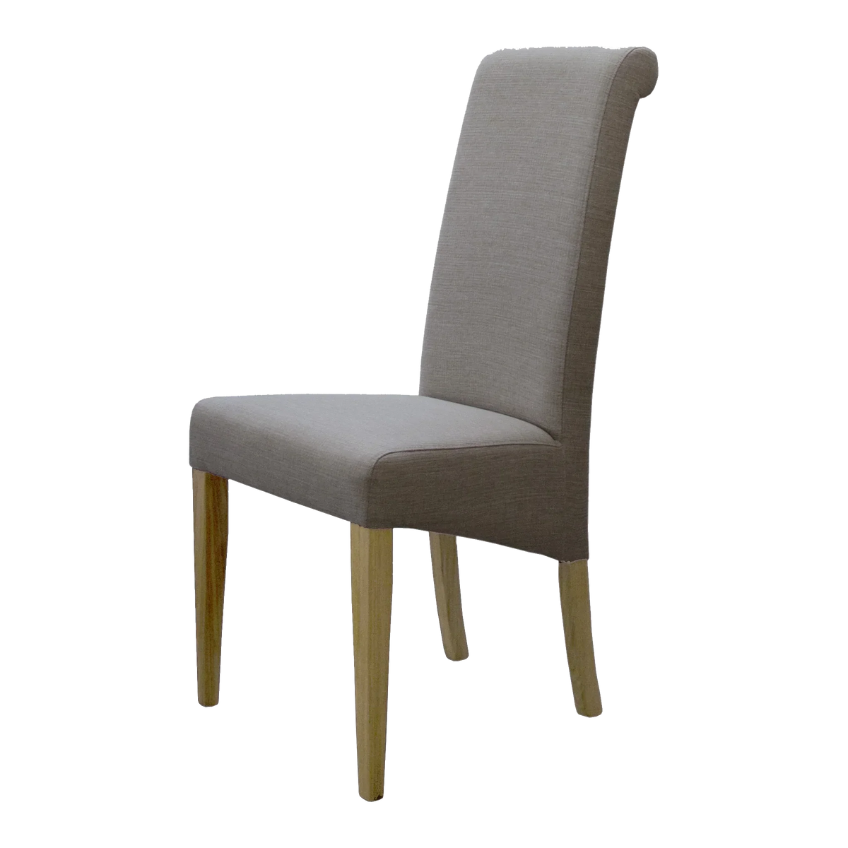 Upholstered dining chair with light wood legs and high backrest, side view