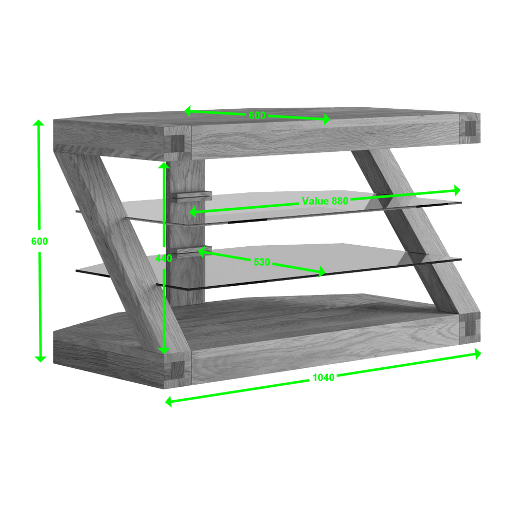 Modern wooden TV stand with glass shelves and visible dimensions in green text