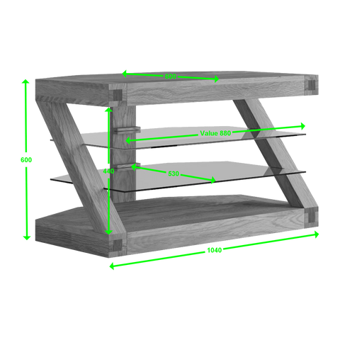 Modern wooden TV stand with glass shelves and visible dimensions in green text