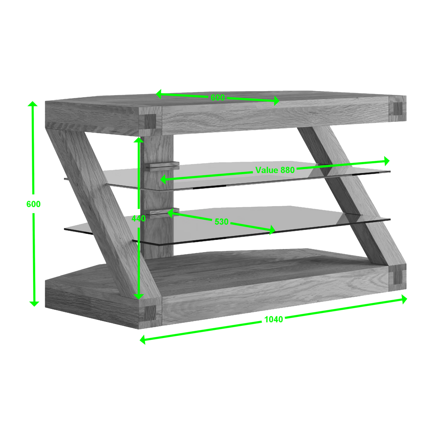 Modern wooden TV stand with glass shelves and visible dimensions in green text