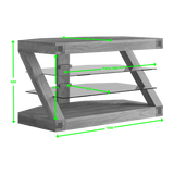 Modern wooden TV stand with glass shelves and visible dimensions in green text