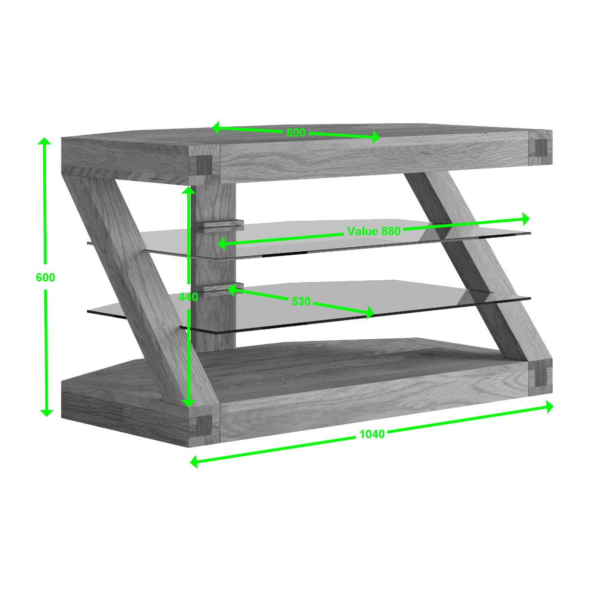 Modern wooden TV stand with glass shelves and visible dimensions in green text