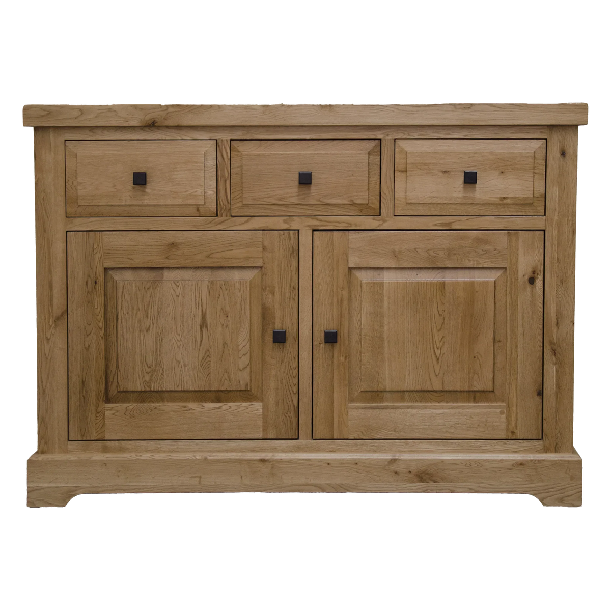 Oak sideboard with three drawers and two cabinet doors, square black handles, front view