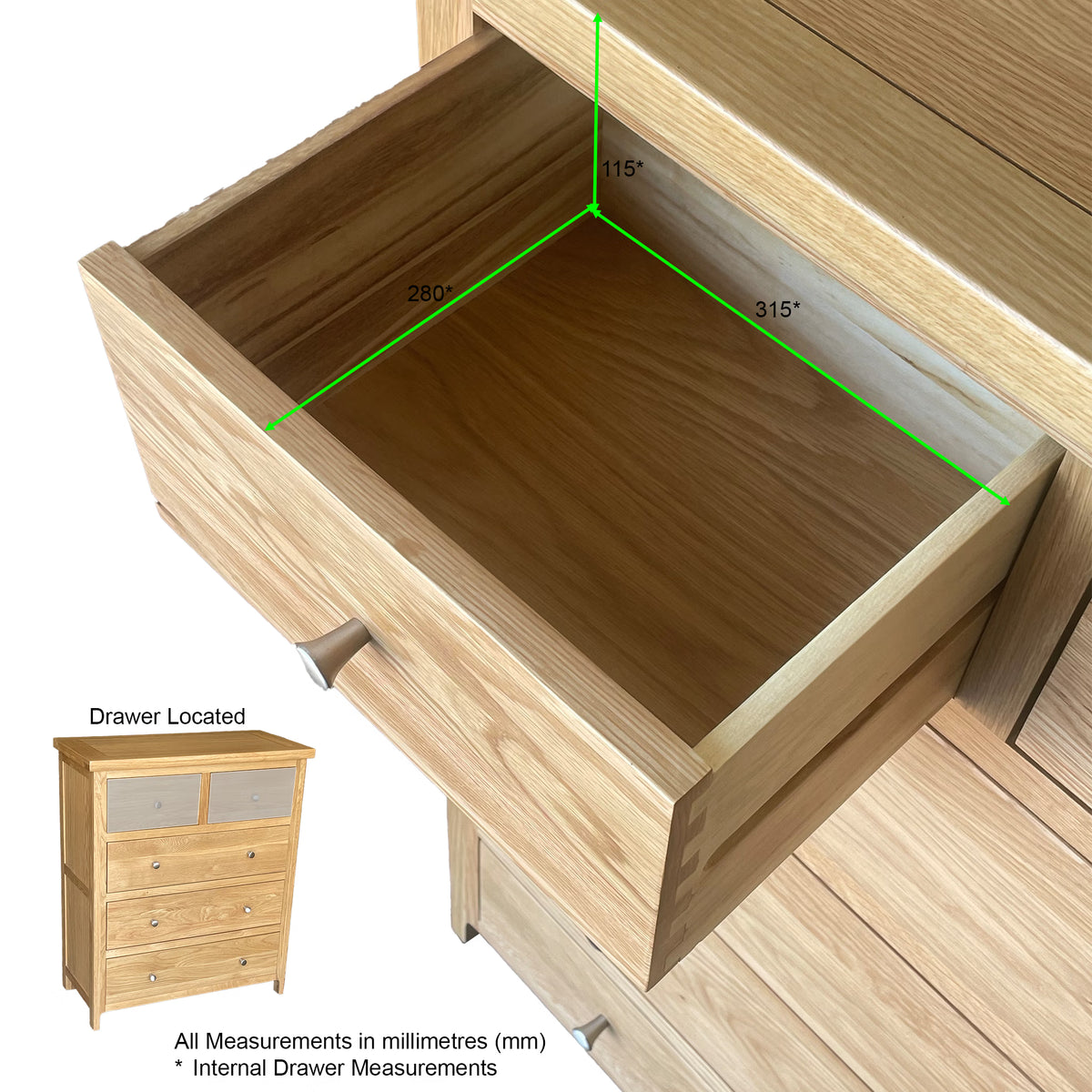 Open oak chest of drawers showing internal drawer measurements in millimetres
