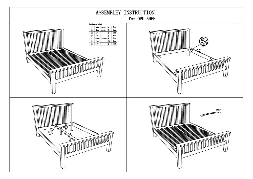 Wooden bed frame assembly instructions with hardware list and step-by-step illustrated guide