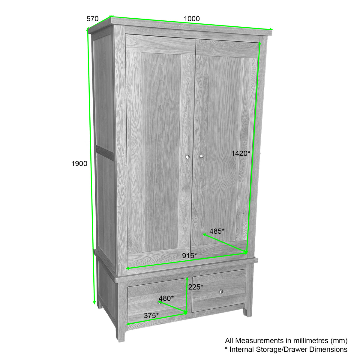 Oak wardrobe with double doors, bottom drawers, and detailed dimension measurements in millimetres