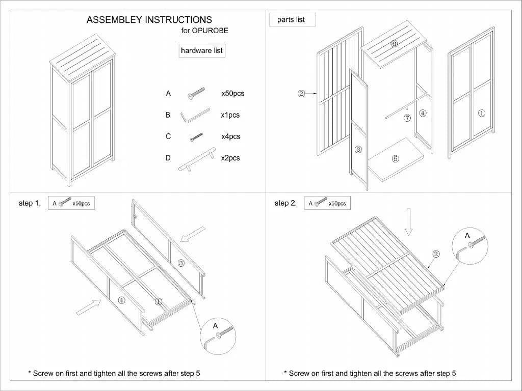 Wardrobe assembly instructions with parts list, hardware guide and step-by-step diagrams