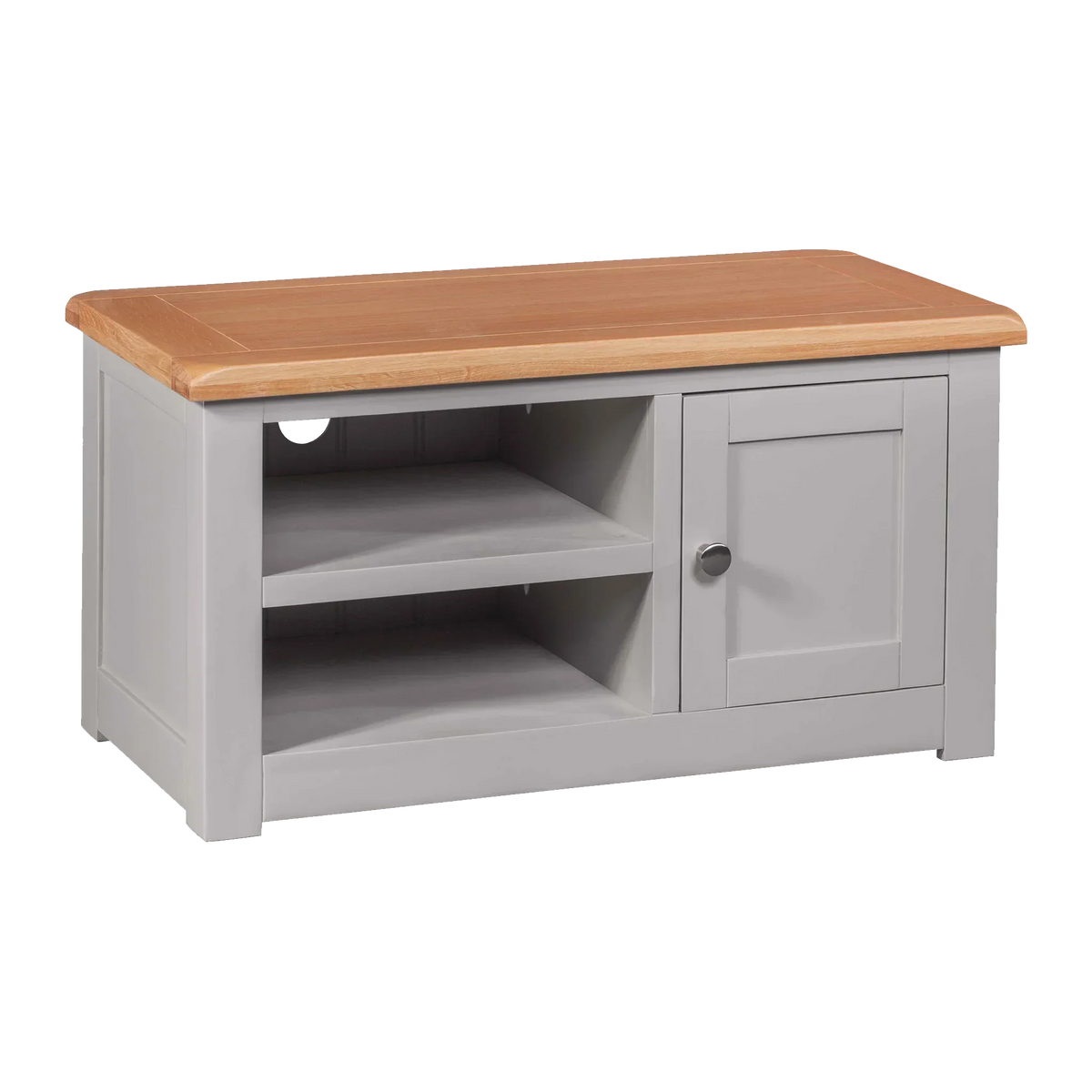 Grey wooden TV unit with oak top, open shelves, and single cupboard door