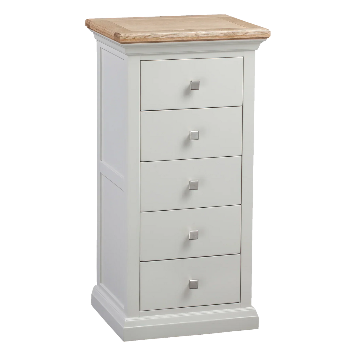 White chest of drawers with square silver handles and oak top, shown angled to the left