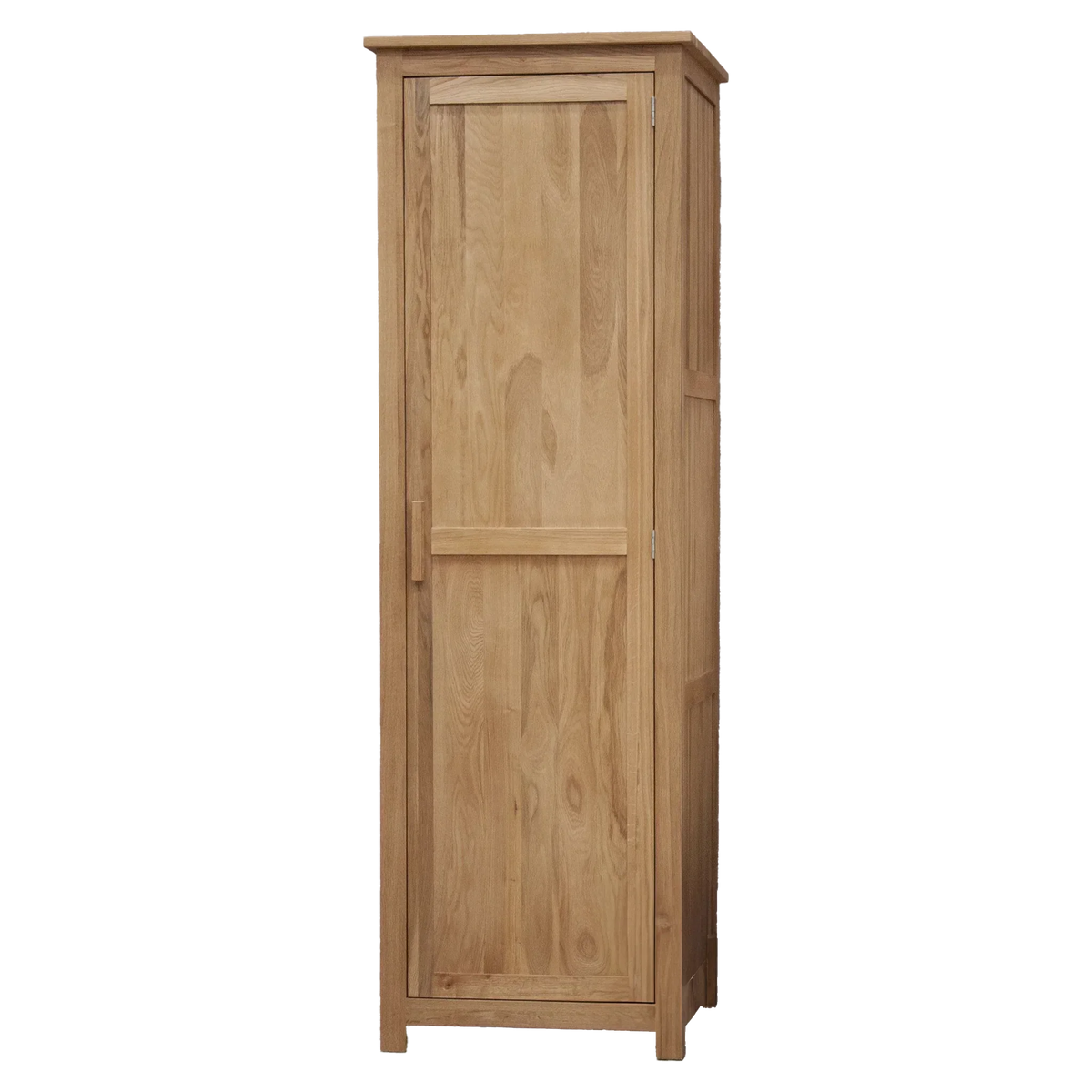 Oak wardrobe with single door and panel detail, shown from front angle