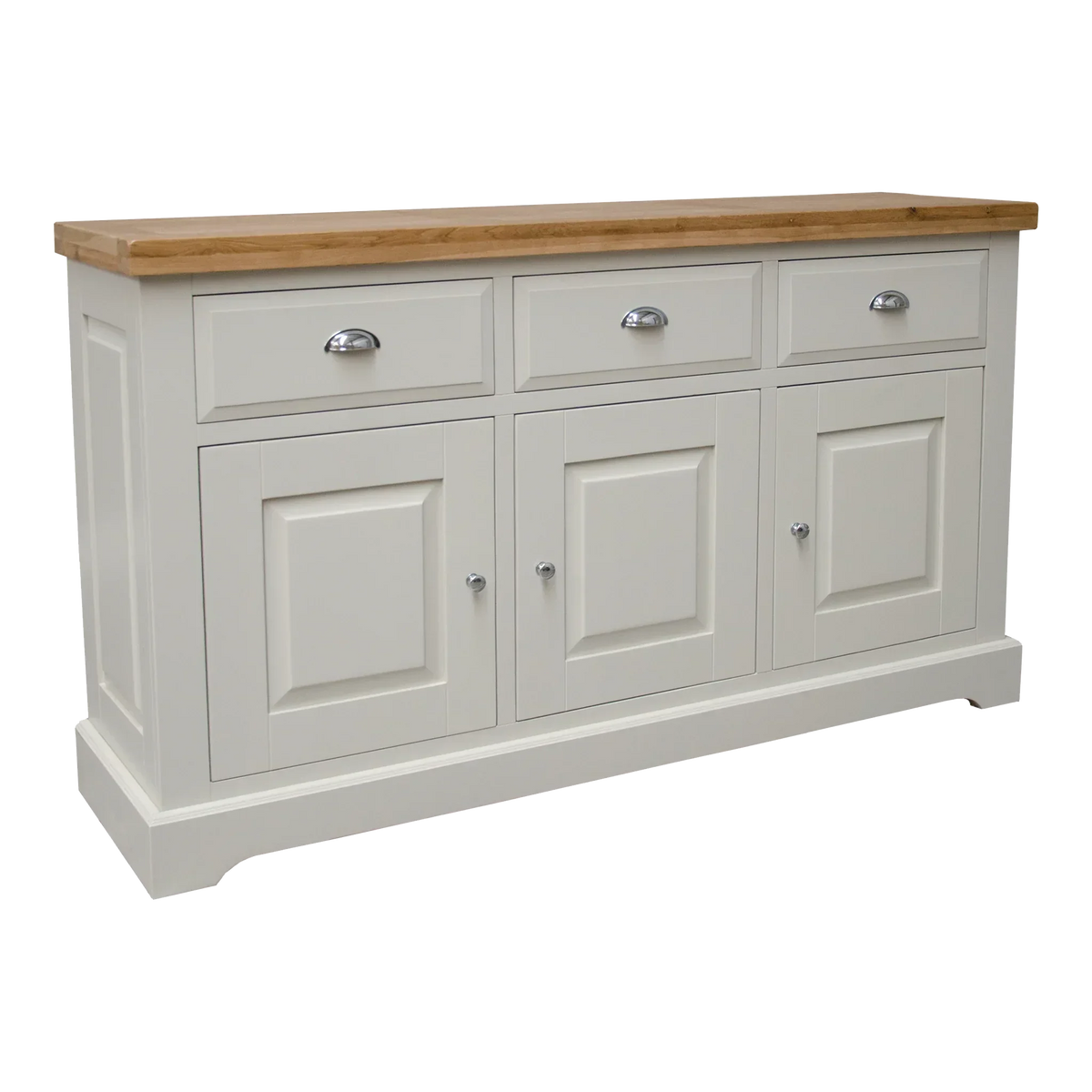 Cream sideboard with three drawers, three doors and oak top, classic dining room storage