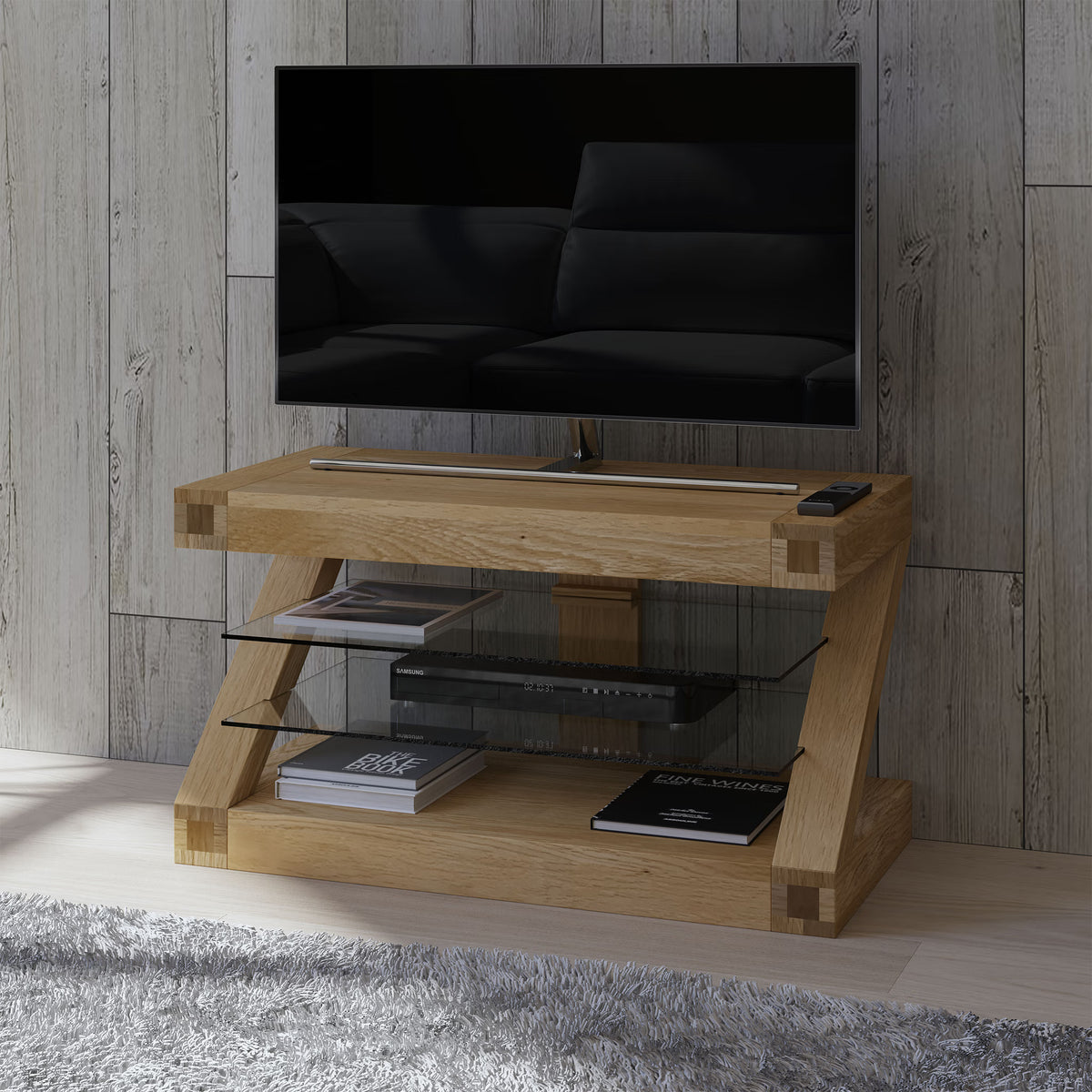 Oak TV unit with glass shelves, holding media devices and books in modern living room
