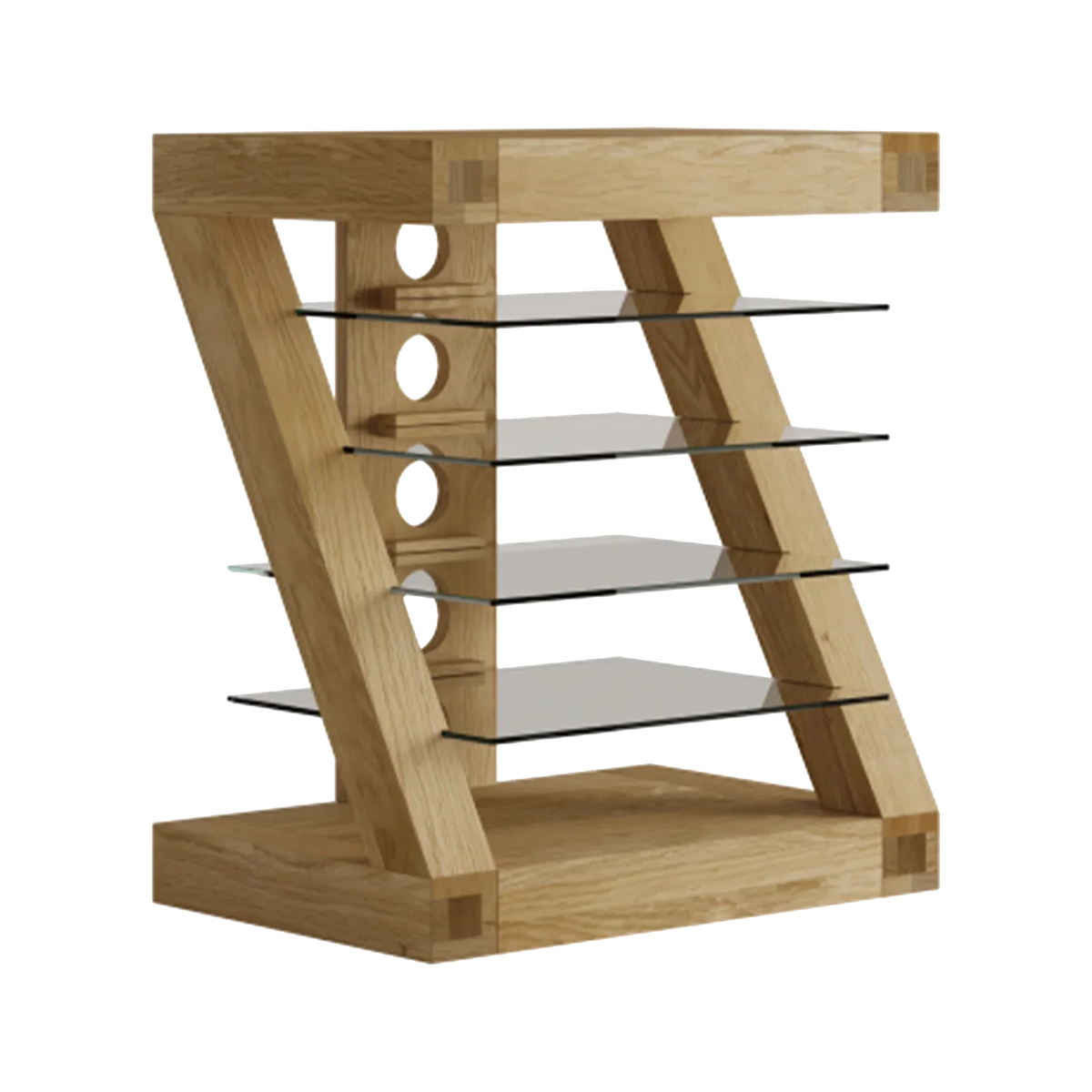 Oak wood shelving unit with angled frame and four glass shelves side view