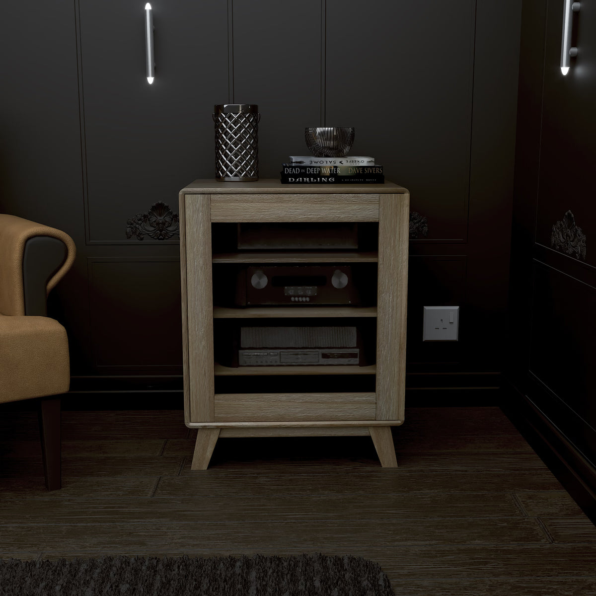 Oak wooden side table with shelves, stacked books and decor in a modern living room corner
