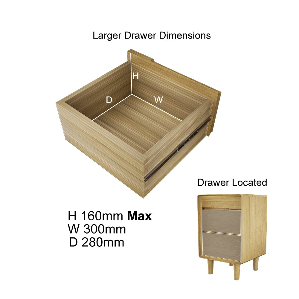 Large wooden bedside table drawer with dimensions labeled and unit shown in corner