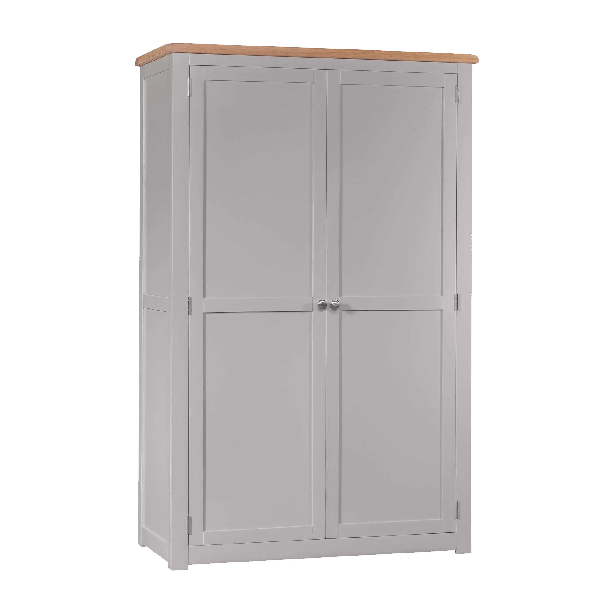 Grey wooden wardrobe with panel doors and oak top, viewed from the front