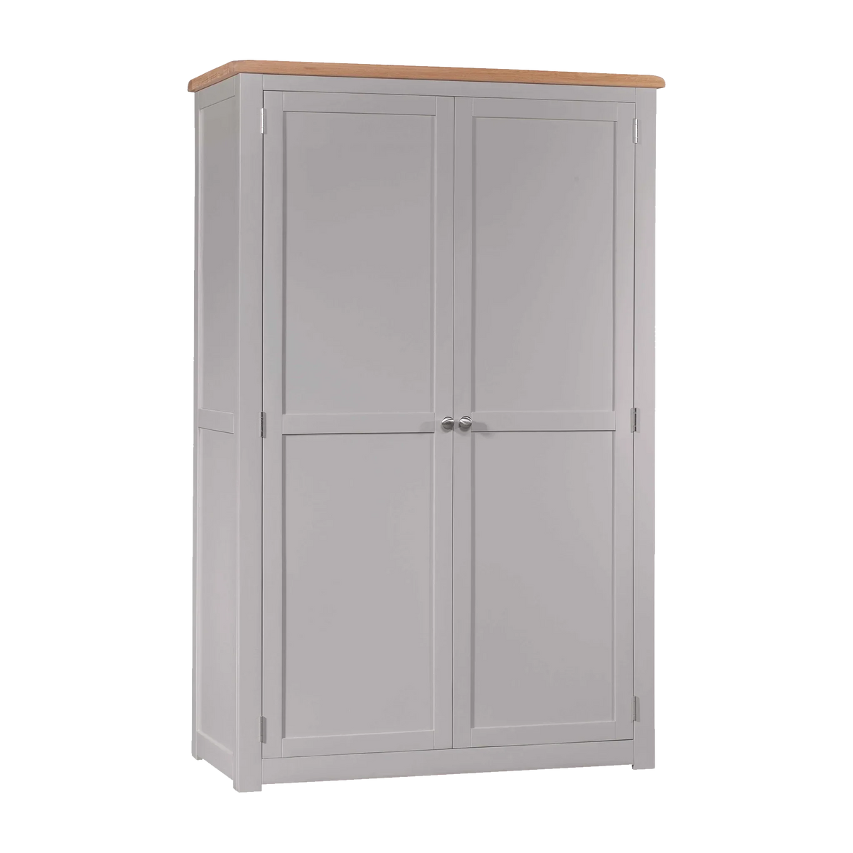 Grey wooden wardrobe with panel doors and oak top, viewed from the front