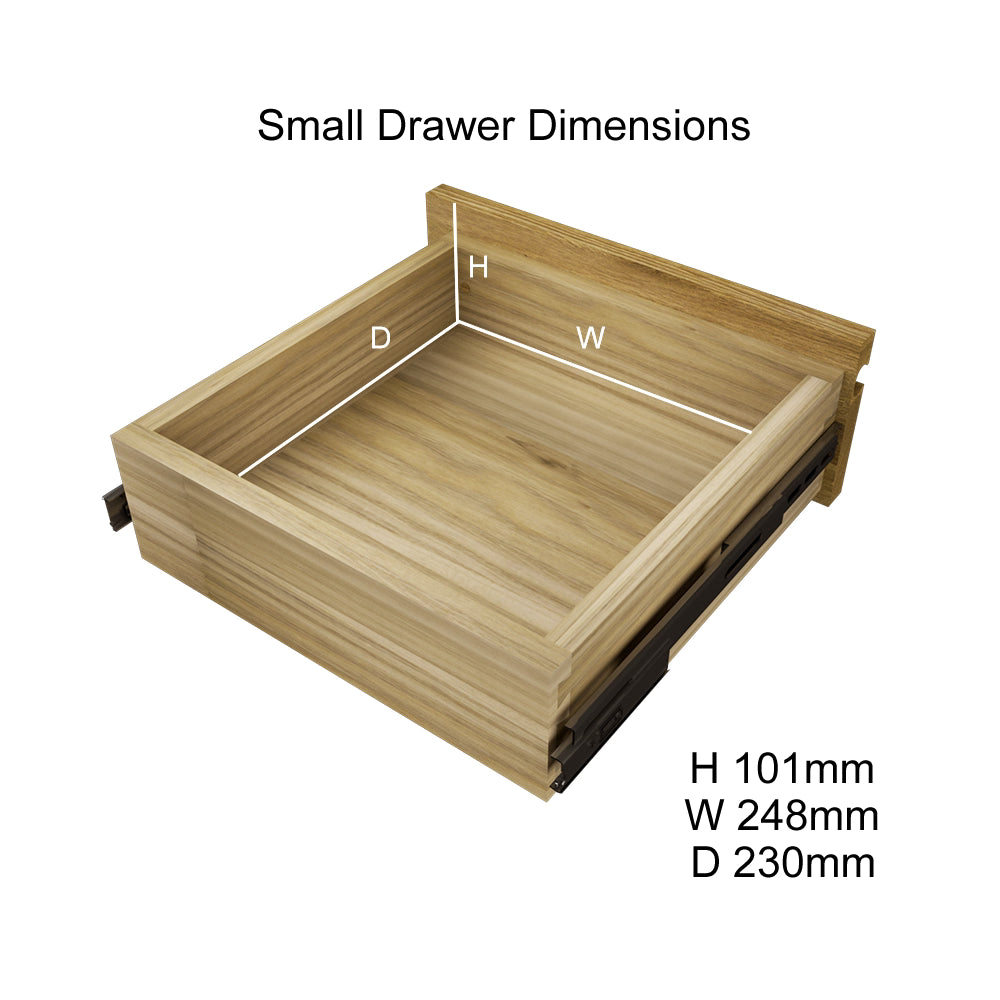 Small drawer with visible height, width, depth measurements in millimetres