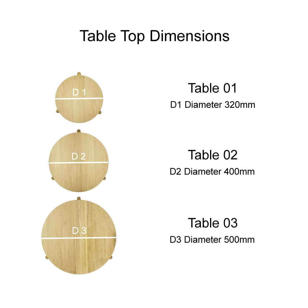Round wooden table top sizes with diameters 320mm, 400mm, and 500mm shown side by side