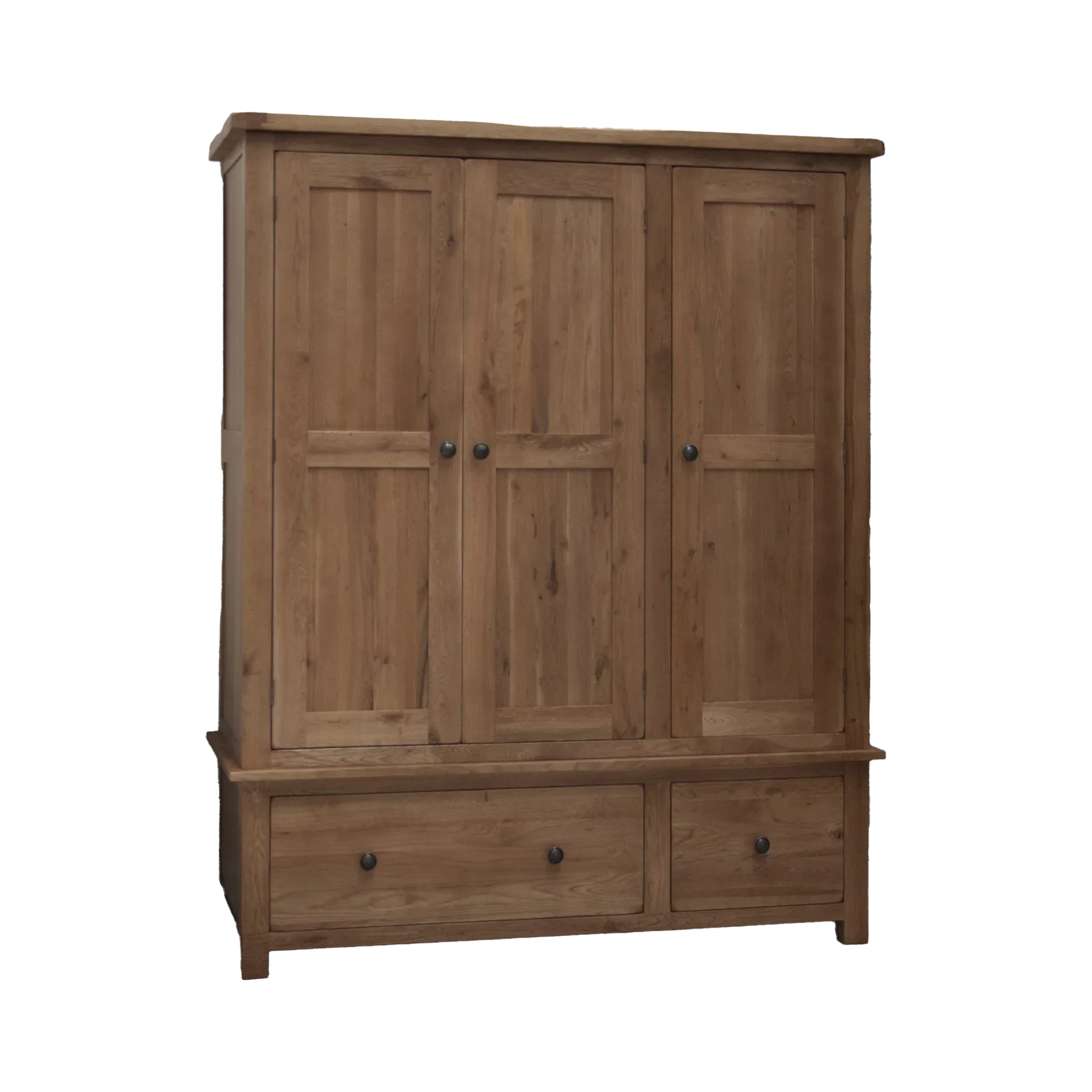 Solid wood wardrobe with three paneled doors and two lower storage drawers