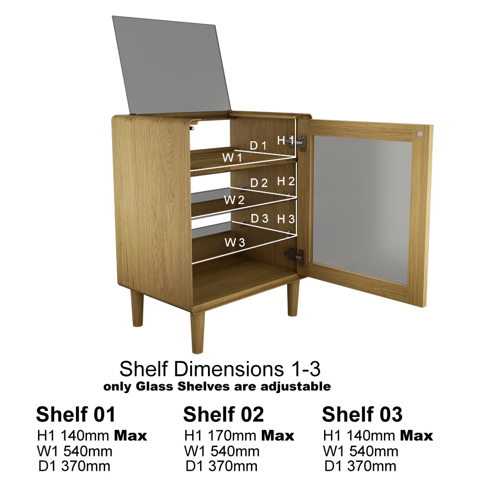 Oak wooden cabinet with three glass adjustable shelves and open door, shelf dimensions shown