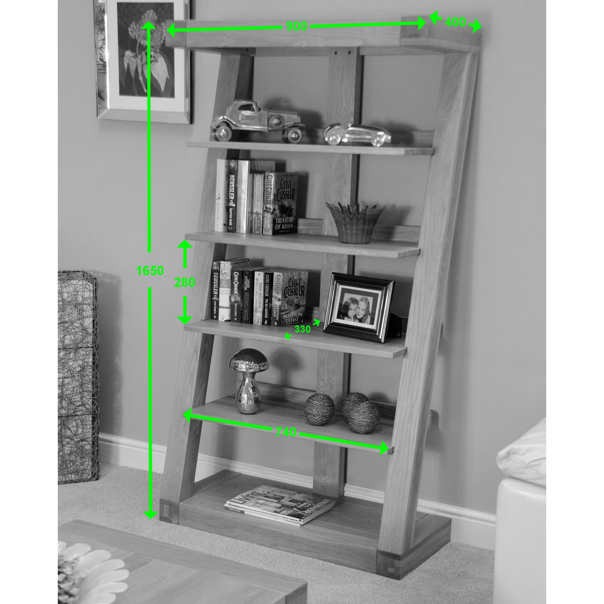 Wooden bookcase with open shelves, home decor, books and measurements labeled in centimeters