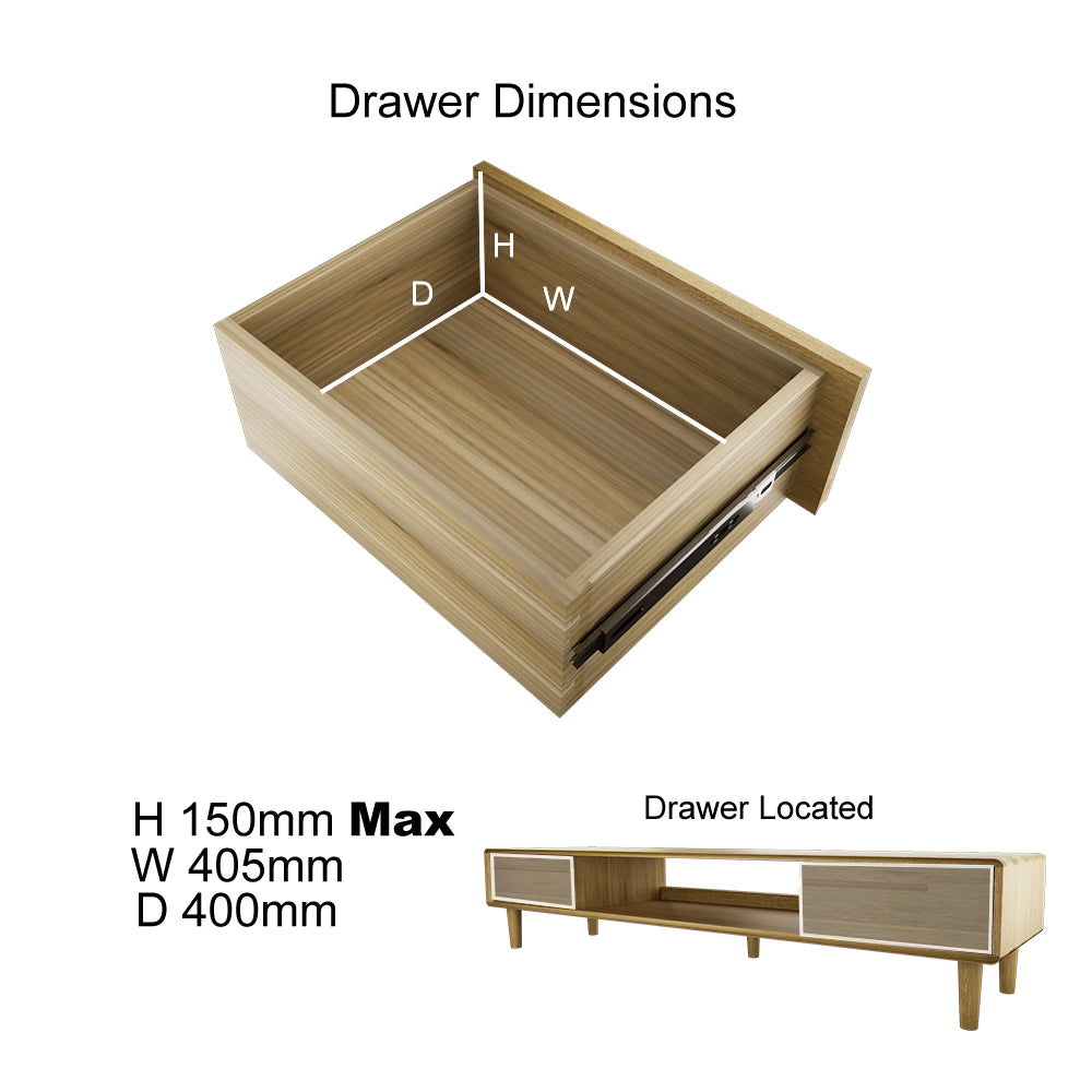 Wooden sideboard drawer dimensions with closeup view and location on TV unit