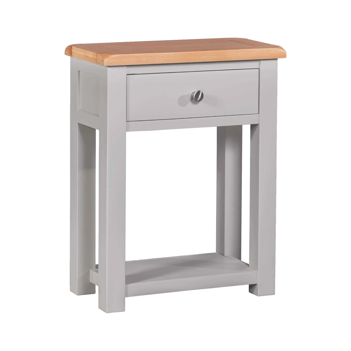 Grey wooden bedside table with drawer and oak top, featuring lower shelf for storage