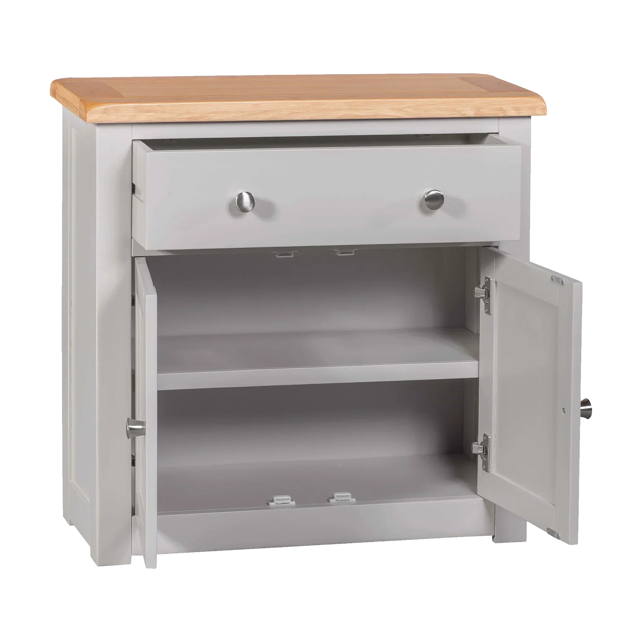 Grey wooden cabinet with oak top, single drawer, and open two-door storage shelves