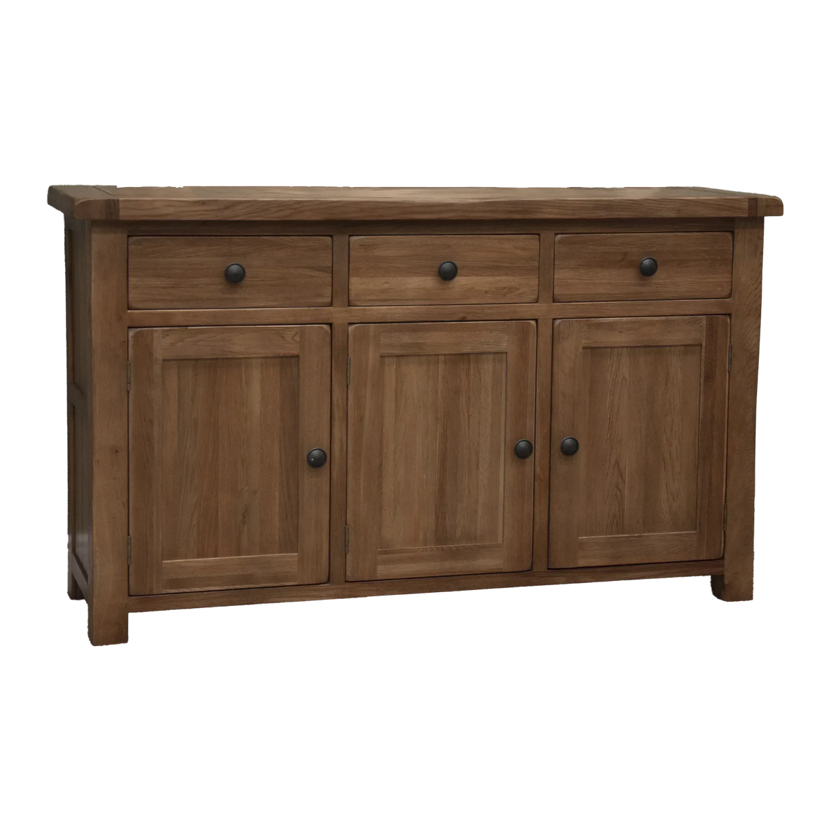 Oak sideboard with three drawers and three doors, black knobs, shown from the front
