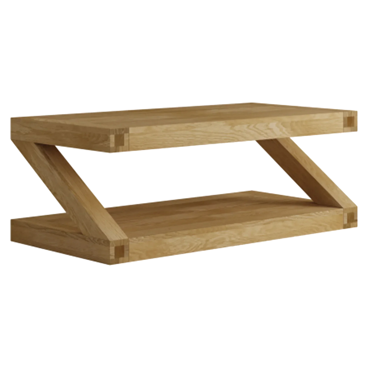 Oak coffee table with angled supports and open lower shelf